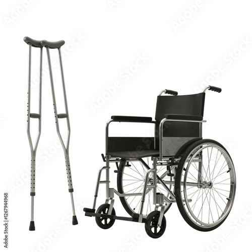 Full shot of a pair of crutches and a wheelchair, set against a plain white background