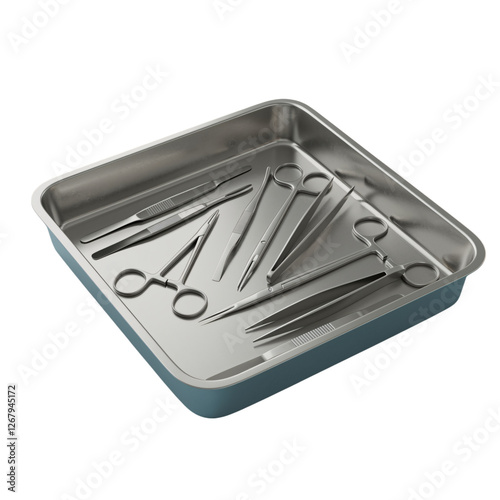 High-angle, full shot of a gray metal tray filled with various surgical instruments