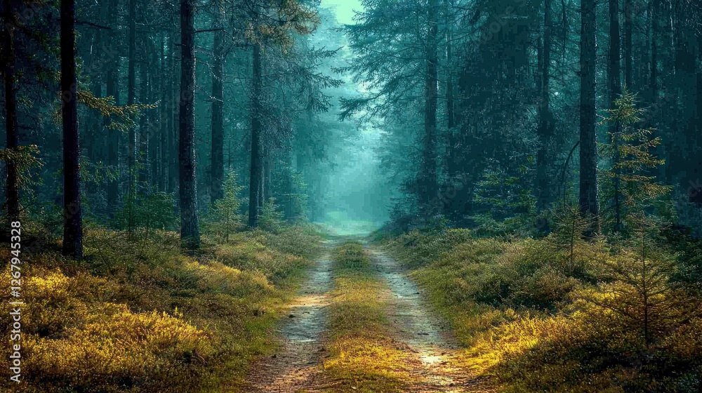 Obraz premium Misty Forest Path Through Tall Dark Trees