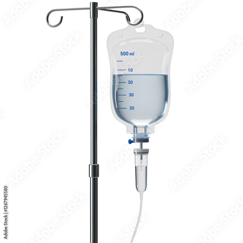 A clear plastic IV fluid bag, filled with a clear liquid, is hanging from a metal IV pole stand