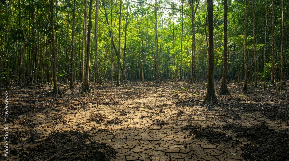 Fototapeta premium This image showcases a sunlit forest area where the ground has dried up, creating intricate cracks, highlighting environmental issues like drought and deforestation.