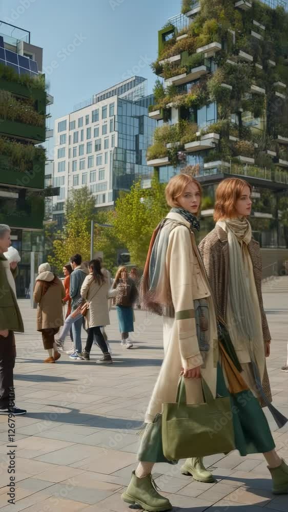 Sustainable Spring Fashion: Two Women in Stylish Eco-Friendly Outfits Showcase Urban Chic in Vertical Video Sustainable Spring Fashion: Two Women in Stylish Eco-Friendly Outfits Showcase Urban Chic in Vertical Video