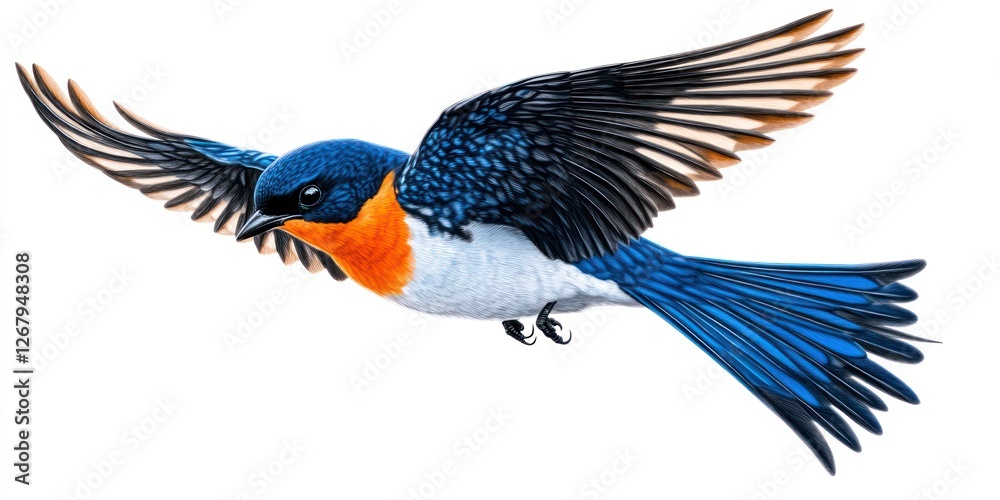 Naklejka premium With vibrant plumage glistening in the sunlight, a fairy bird soars gracefully above blooming meadows, embodying the spirit of freedom and enchantment in spring