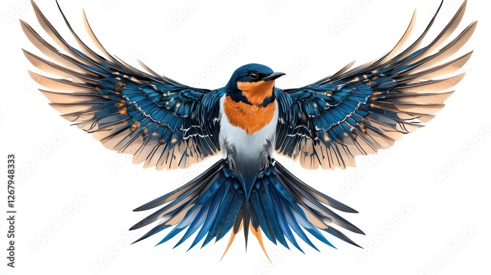 Fototapeta premium With wings spread wide in a dazzling display, the enchanting fairy bird glides effortlessly, radiating colors of spring and the spirit of freedom as it roams the skies