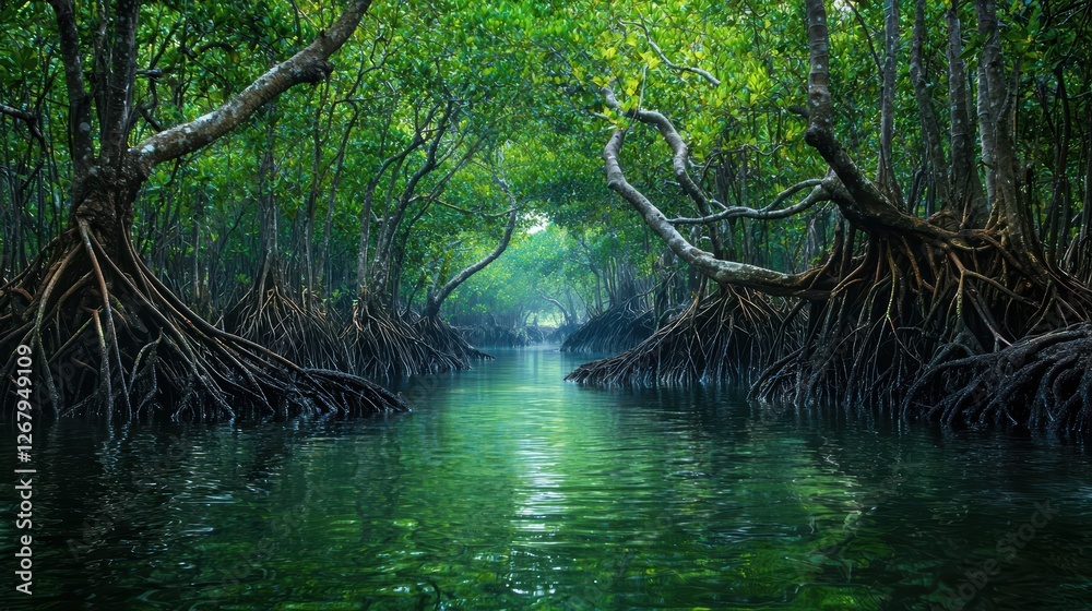 Obraz premium National Geographic A dense mangrove forest with twisting roots emerging from the water.