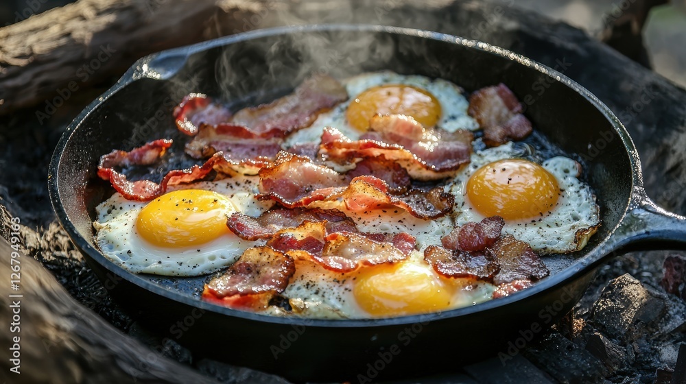 A sizzling cast iron pan with freshly cooked bacon and eggs. A sizzling cast iron pan with freshly cooked bacon and eggs.