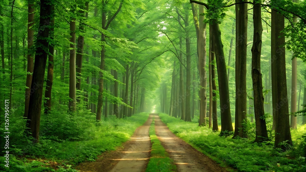 Obraz premium Enchanting forest pathway surrounded by lush green trees, sunlight filtering through leaves, and a peaceful natural landscape. Perfect nature escape for hiking lovers