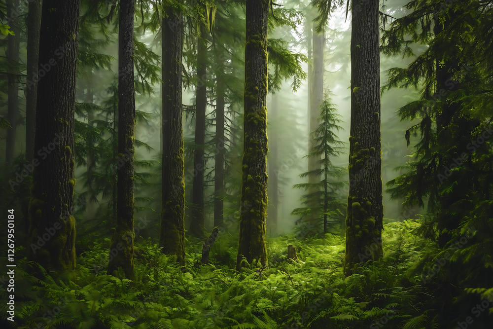 Fototapeta premium Mystical Green Forest with Fog - Serene Nature Landscape for Wallpapers, Blogs, and Travel Websites | Perfect for Nature Lovers & Adventure Enthusiasts