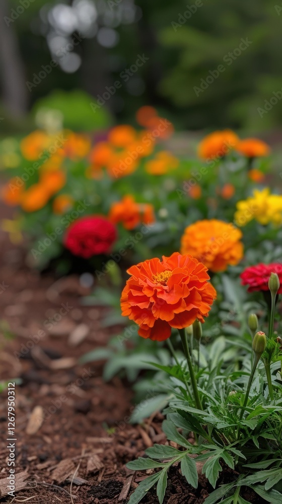 Colorful Marigolds Blooming in a Garden Bed Colorful Marigolds Blooming in a Garden Bed