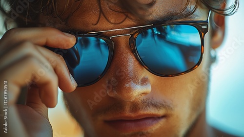 Man adjusts sunglasses, beach background, summer style