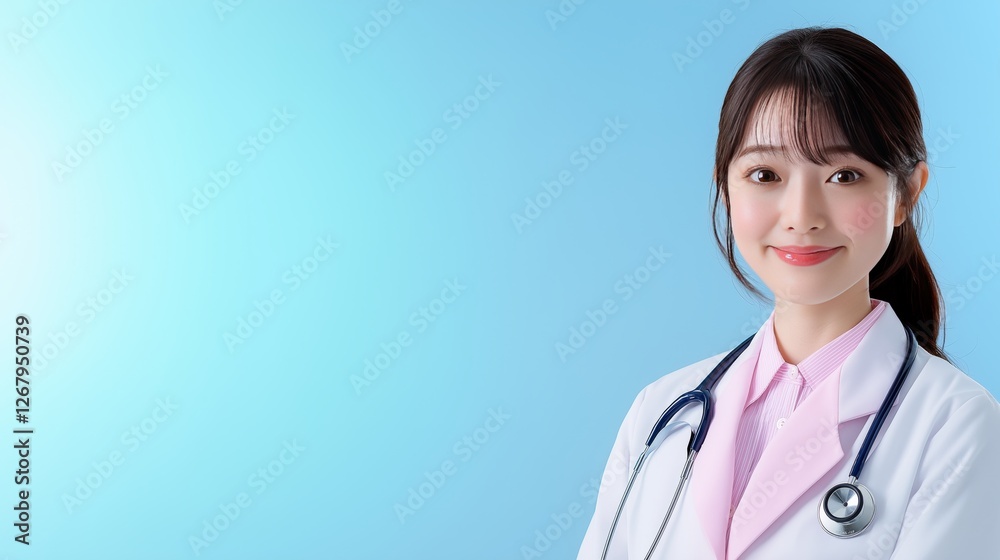 Young doctor in a white coat smiling warmly against a blue background Young doctor in a white coat smiling warmly against a blue background