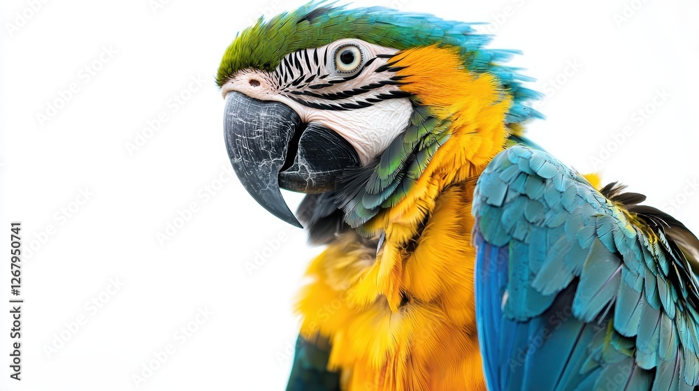 Exotic parrot with vibrant feathers perched confidently on a white background. Exotic parrot with vibrant feathers perched confidently on a white background.