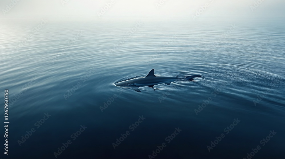 Fototapeta premium Shark gliding through tranquil ocean waters during early morning light