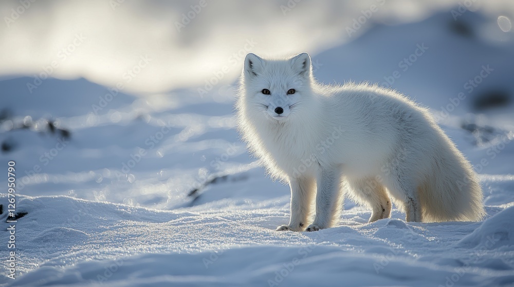 Arctic fox standing on a snowy tundra, its thick white fur blending into the icy surroundings, cold wind swirling around. Arctic fox standing on a snowy tundra, its thick white fur blending into the icy surroundings, cold wind swirling around.
