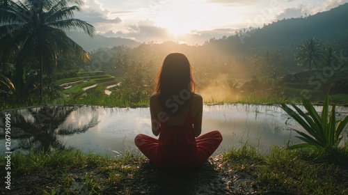Serene Sunset Meditation in Bali's Rice Terraces