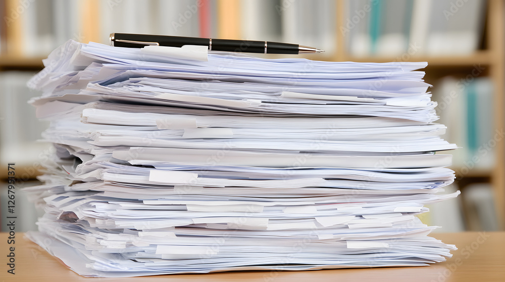 Overwhelming Paperwork: A tall stack of documents sits on a desk, topped with a pen. A testament to busy work life and endless tasks. Overwhelming Paperwork: A tall stack of documents sits on a desk, topped with a pen. A testament to busy work life and endless tasks.