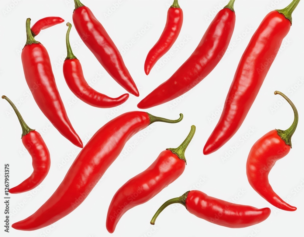 Vibrant arrangement of red chili peppers on a light background, showcasing their glossy skins and varied shapes. Vibrant arrangement of red chili peppers on a light background, showcasing their glossy skins and varied shapes.