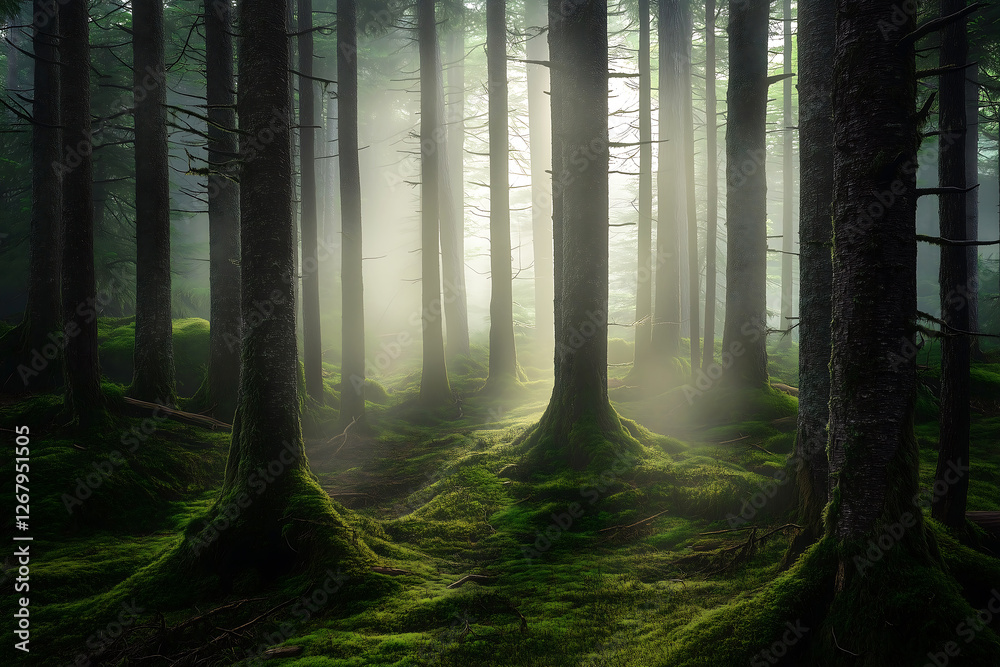 Fototapeta premium Mystical Green Forest with Fog - Serene Nature Landscape for Wallpapers, Blogs, and Travel Websites | Perfect for Nature Lovers & Adventure Enthusiasts