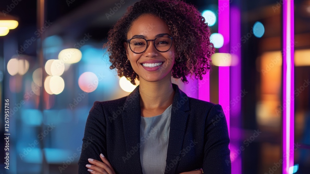Innovative businesswoman with a confident smile standing in a creative workspace, futuristic office lighting around her. Innovative businesswoman with a confident smile standing in a creative workspace, futuristic office lighting around her.