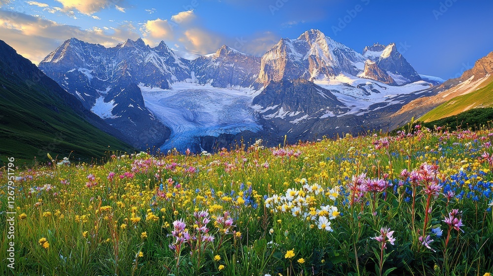 Fototapeta premium National Geographic Alpine meadow with wildflowers blooming beneath towering snow-capped peaks.