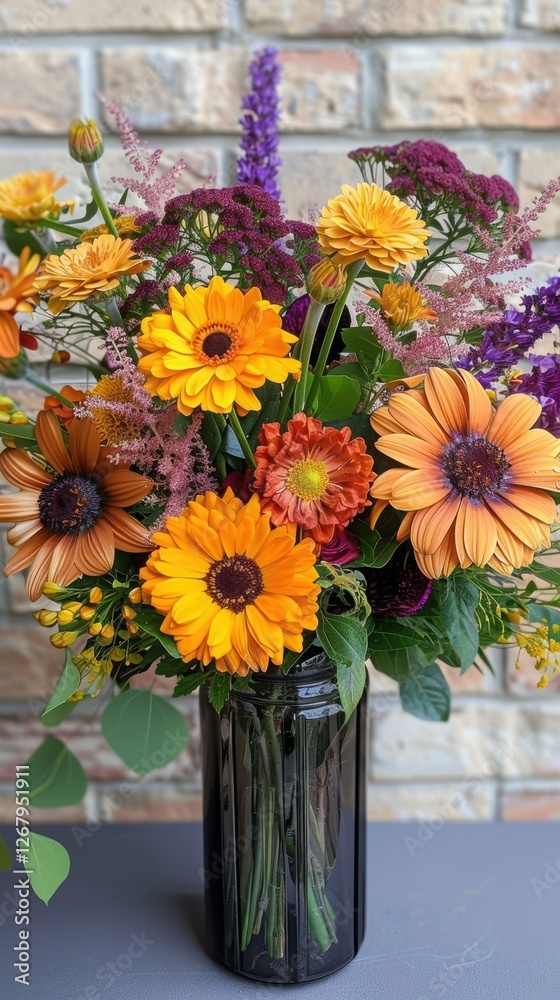Fototapeta premium Fresh Flower Bouquet in Stylish Black Vase