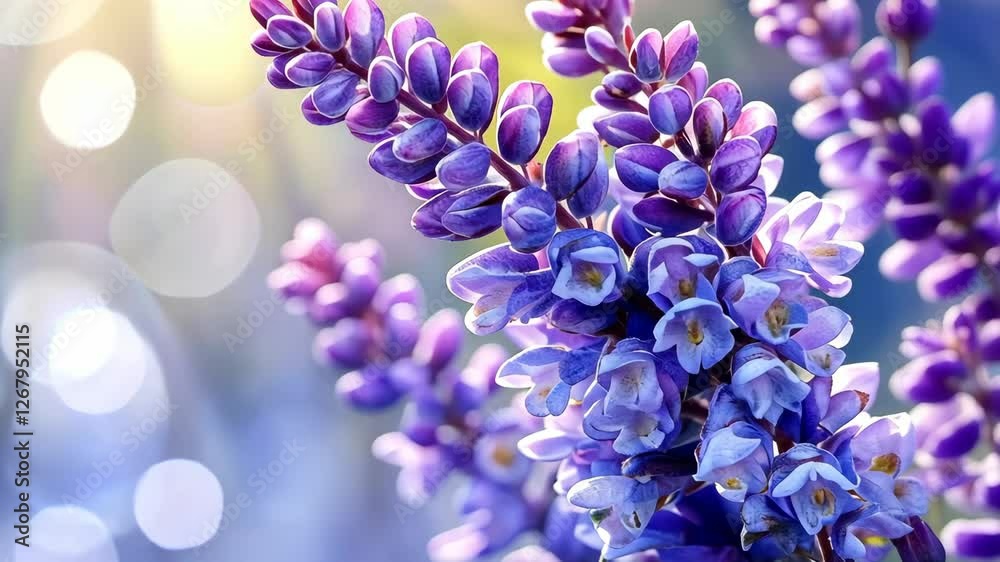 Purple flowers blooming in sunny garden with bokeh background