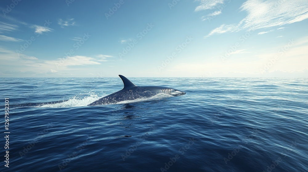 Fototapeta premium Shark leaps from ocean in bright blue water under sunny sky with scattered clouds