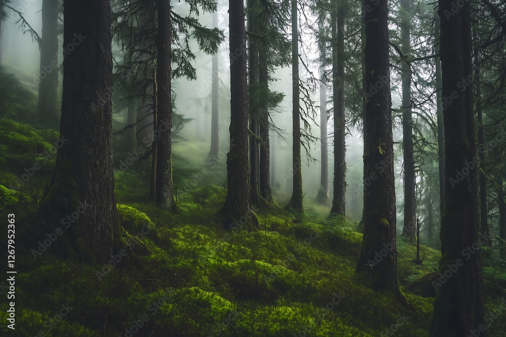Fototapeta premium Mystical Green Forest with Fog - Serene Nature Landscape for Wallpapers, Blogs, and Travel Websites | Perfect for Nature Lovers & Adventure Enthusiasts