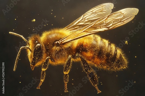 golden honeybee in precise anatomical detail pollendusted legs translucent wings catching light scientific illustration style