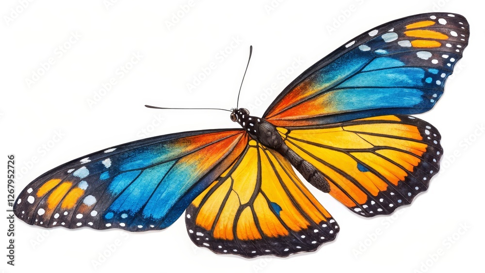 Fototapeta premium Blue Orange Butterfly Wings Isolated on White Background, Insect, Nature