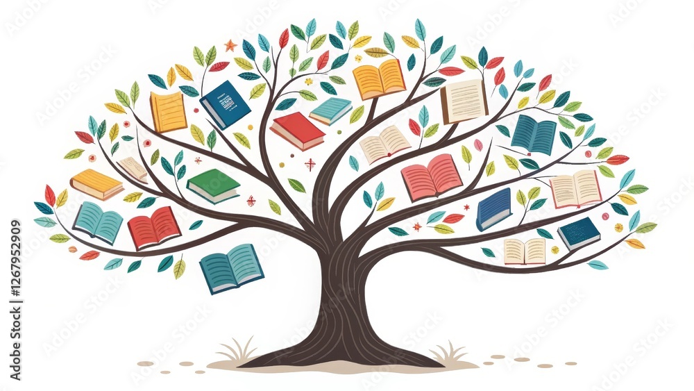 Fototapeta premium Colorful Book Tree Illustration Isolated on White Background, Reading, Knowledge