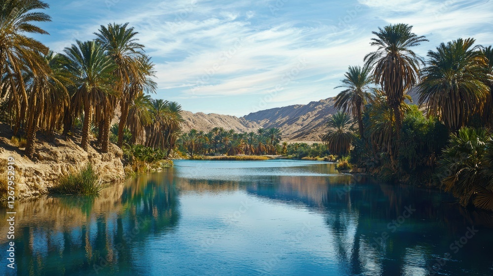 National Geographic A desert oasis with a calm blue lake surrounded by palm trees. National Geographic A desert oasis with a calm blue lake surrounded by palm trees.