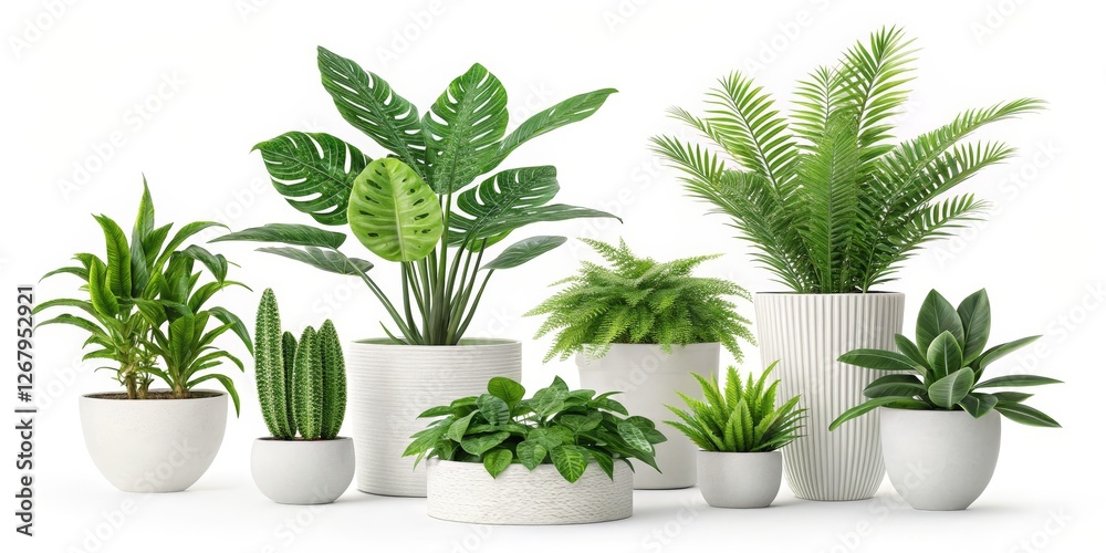 Collection of Houseplants in White Pots Isolated on White Background, indoor plants, home decor Collection of Houseplants in White Pots Isolated on White Background, indoor plants, home decor