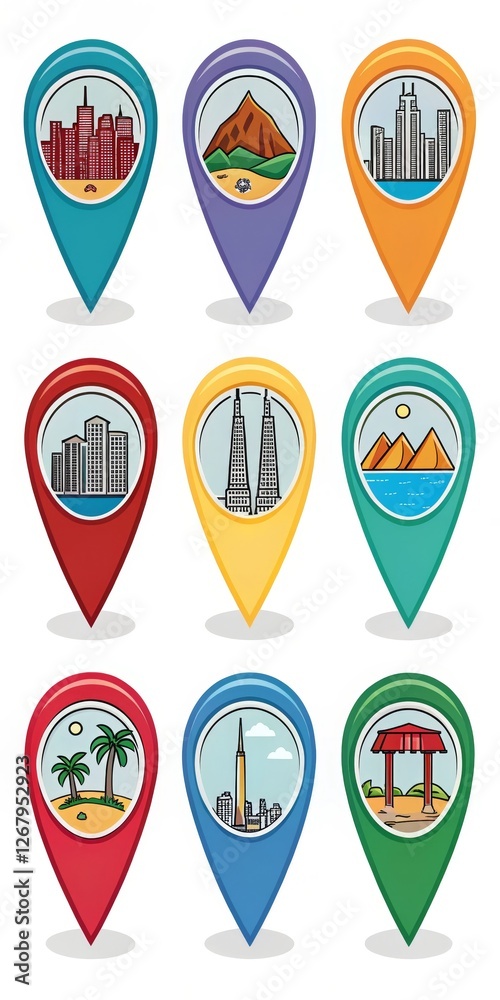 Colorful Location Pins Cityscapes, Landmarks, Isolated on White Background, location, marker Colorful Location Pins Cityscapes, Landmarks, Isolated on White Background, location, marker