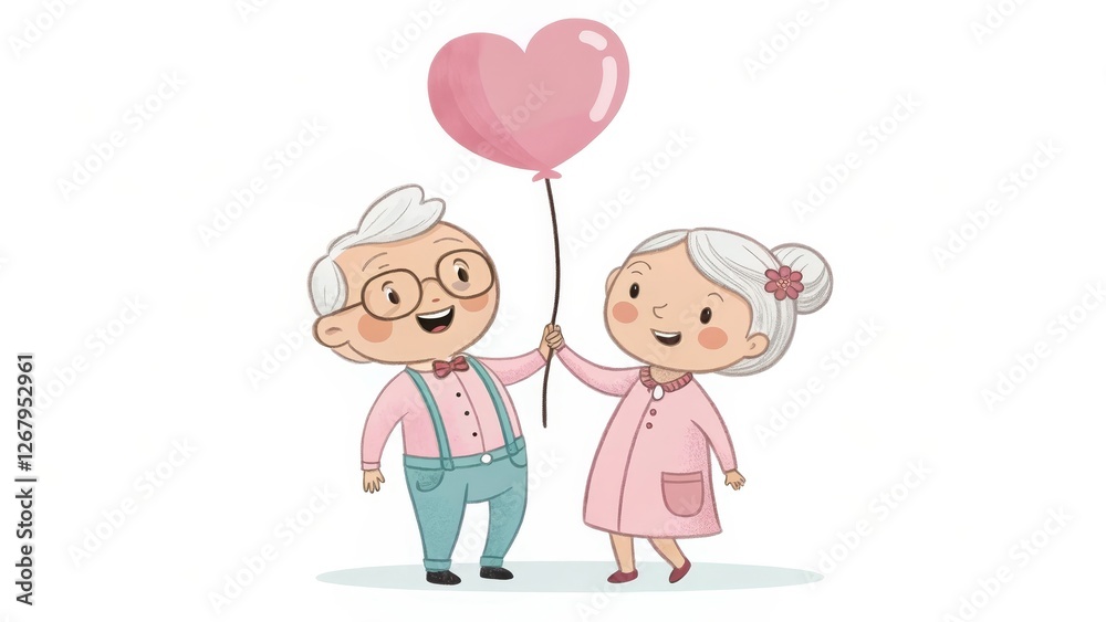 Cute Elderly Couple with Heart Balloon, Isolated on White Background, senior love, cartoon illustration Cute Elderly Couple with Heart Balloon, Isolated on White Background, senior love, cartoon illustration