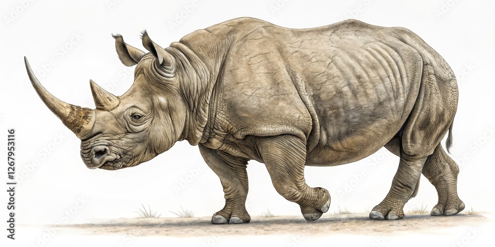 Fototapeta premium Detailed Rhino Illustration, Isolated on White Background, Wildlife Art, African Animal , Rhino, Illustration