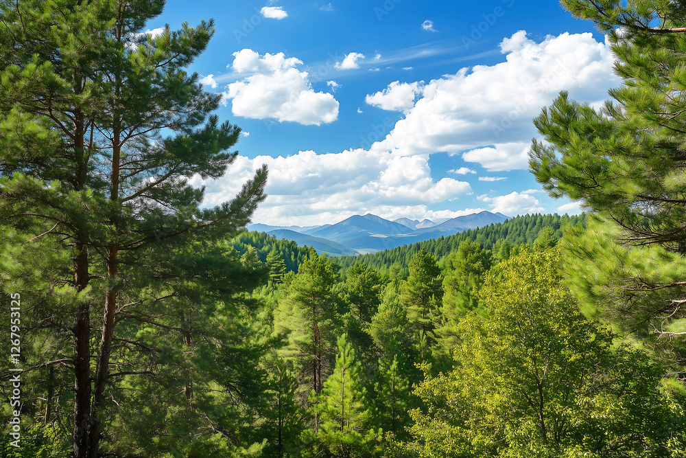 Sunny Mountain Forest with Blue Sky & Clouds - Stunning Landscape for Travel Blogs, Wallpapers & Adventure Tourism Sunny Mountain Forest with Blue Sky & Clouds - Stunning Landscape for Travel Blogs, Wallpapers & Adventure Tourism