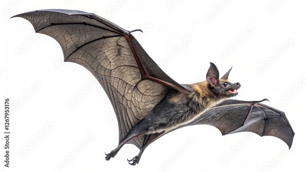 Obraz premium Flying Bat, Isolated on White Background, Wildlife Photography, Animal Portrait, Megabat. Flying mammals, megachiroptera