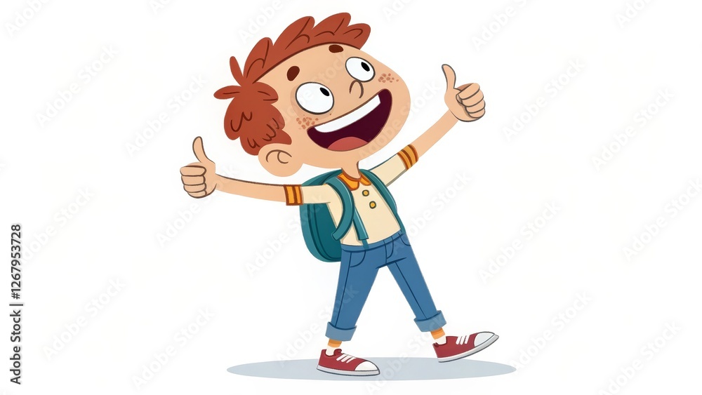 Happy Boy with Backpack Giving Thumbs Up, Isolated on White Background, Child, Illustration kid, cartoon