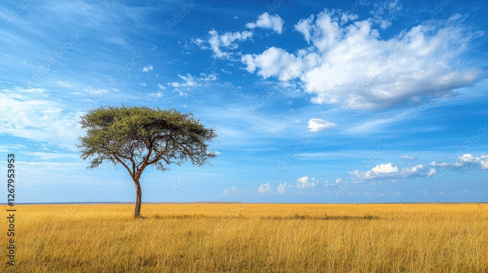 National Geographic A golden savanna with a lone acacia tree under a vast blue sky. National Geographic A golden savanna with a lone acacia tree under a vast blue sky.