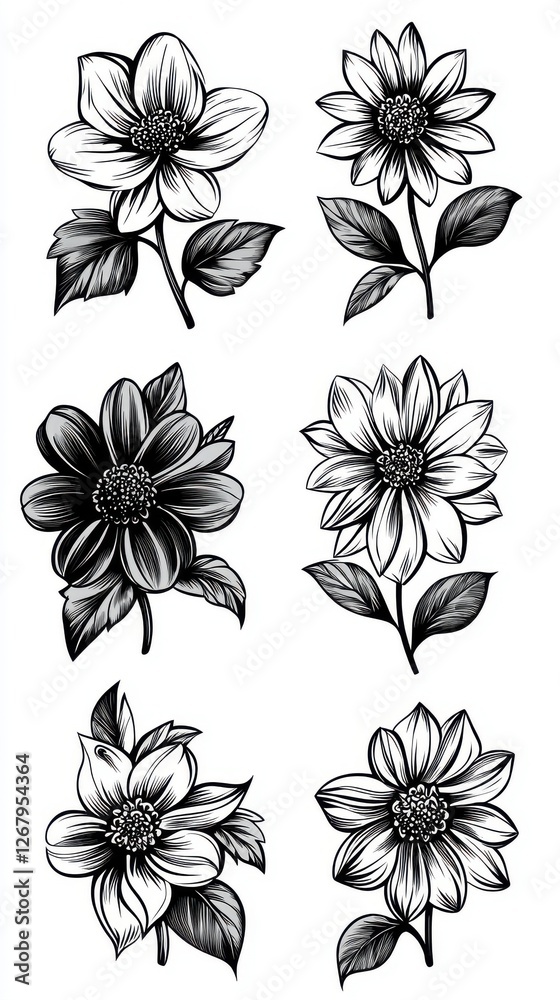 Obraz premium Elegant Black and White Floral Illustrations for Artistic Projects