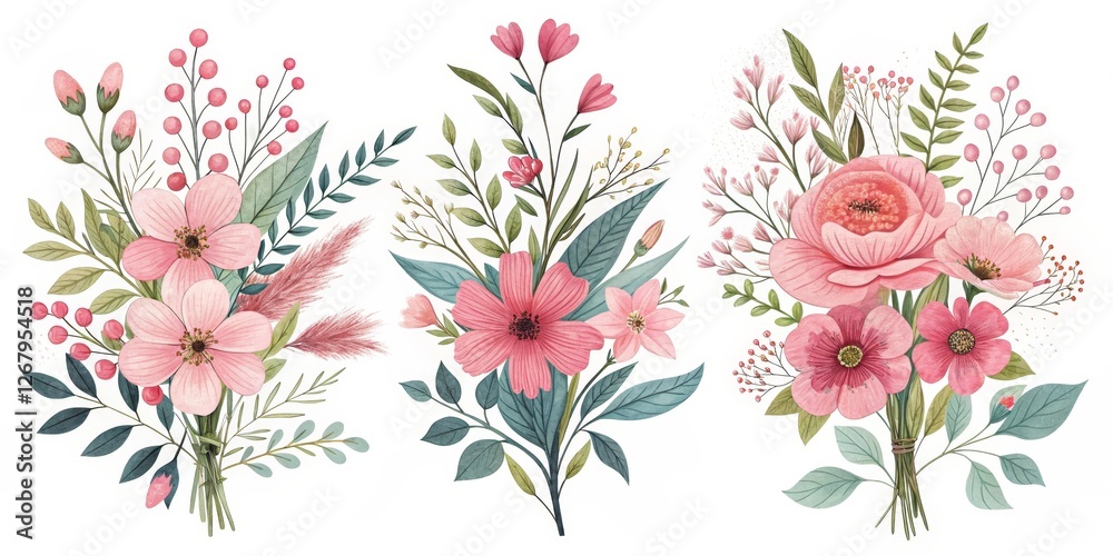 Obraz premium Pink Floral Bouquets, Isolated on White Background, Watercolor Illustration, Botanical Art, Flower Arrangement Floral Design, Wedding