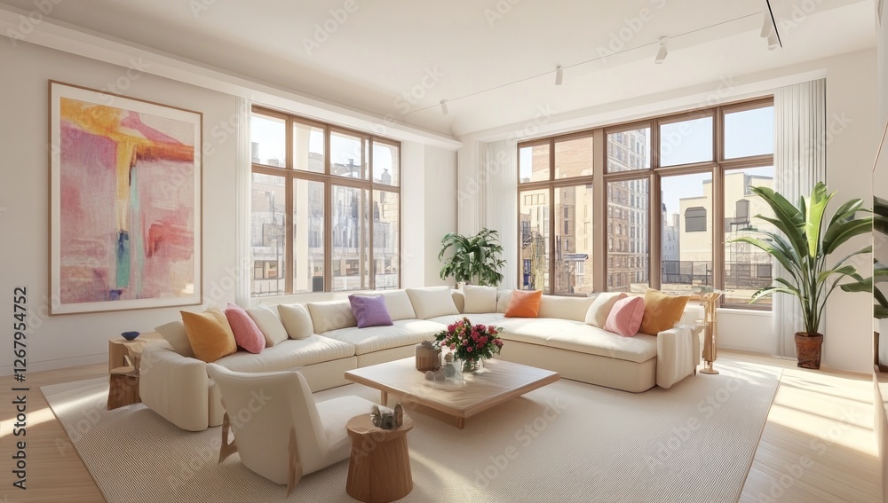 Fototapeta premium Luxury Apartment with City Views: Modern Living Room Design