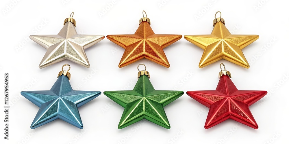 Obraz premium Six Colorful Glitter Star Ornaments Isolated on White Background, Christmas, Decoration