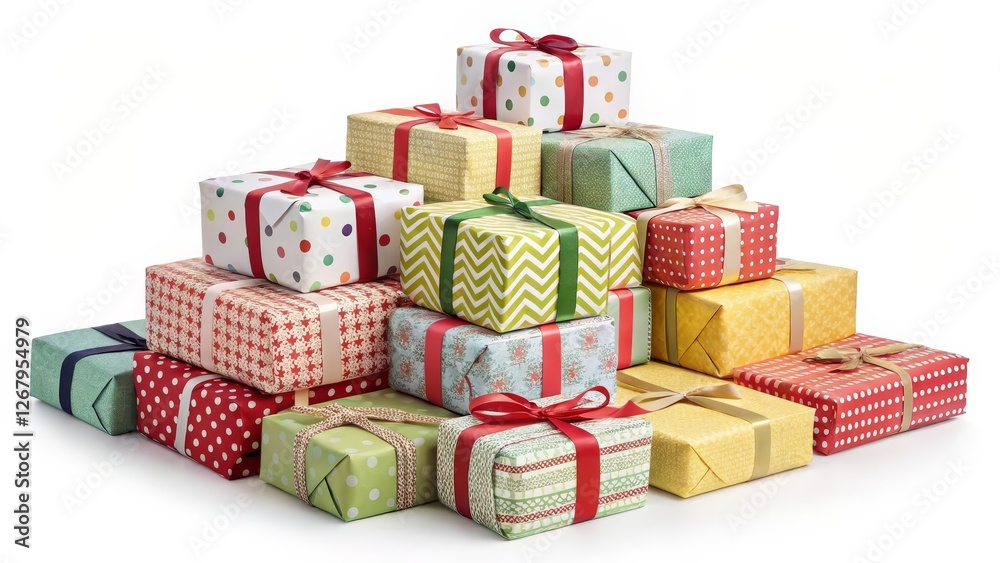 Obraz premium Stack of Wrapped Gifts Isolated on White Background, Holiday, Present Gift, Wrapping