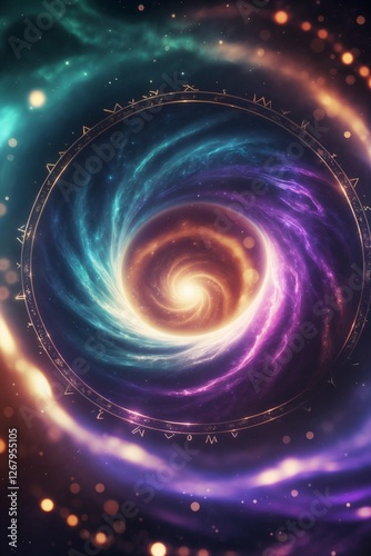 Mystical glowin vortex - violet turquoise funnel with circle symbols on deep dark background - for spiritual websites, meditation blogs, healing practices content, for spiritual and esoteric designs