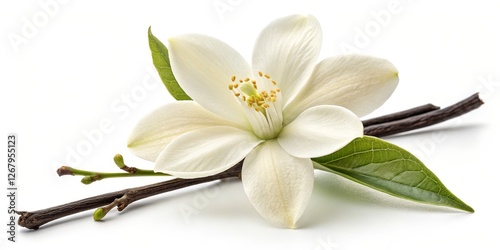 Vanilla Flower with Bean, Isolated on White Background, Vanilla Plant ,Fragrance, Aroma