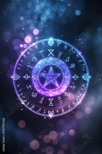 Mystical sacred wheel with glowing pentagram on a deep purple background for esoteric blogs, websites and spiritual social media content, for astrology blogs, website headers, and esoteric designs