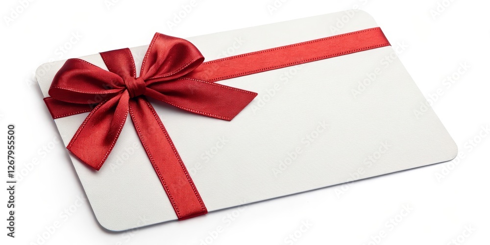 White Gift Card with Red Bow Isolated on White Background, Gift Card, Red Ribbon White Gift Card with Red Bow Isolated on White Background, Gift Card, Red Ribbon