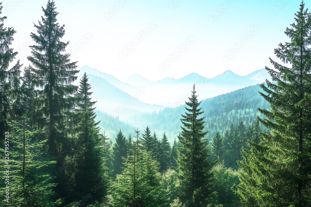 Obraz premium Scenic Mountain Forest with Misty Pines - Breathtaking Nature Landscape for Wallpapers, Travel Blogs & Eco-Tourism Promotion